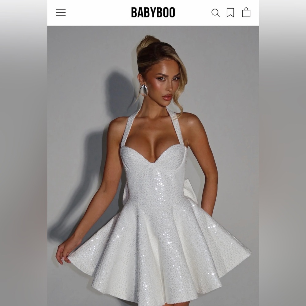 BABYBOO White Sequin Strapless Halter Fit & Flare Dress